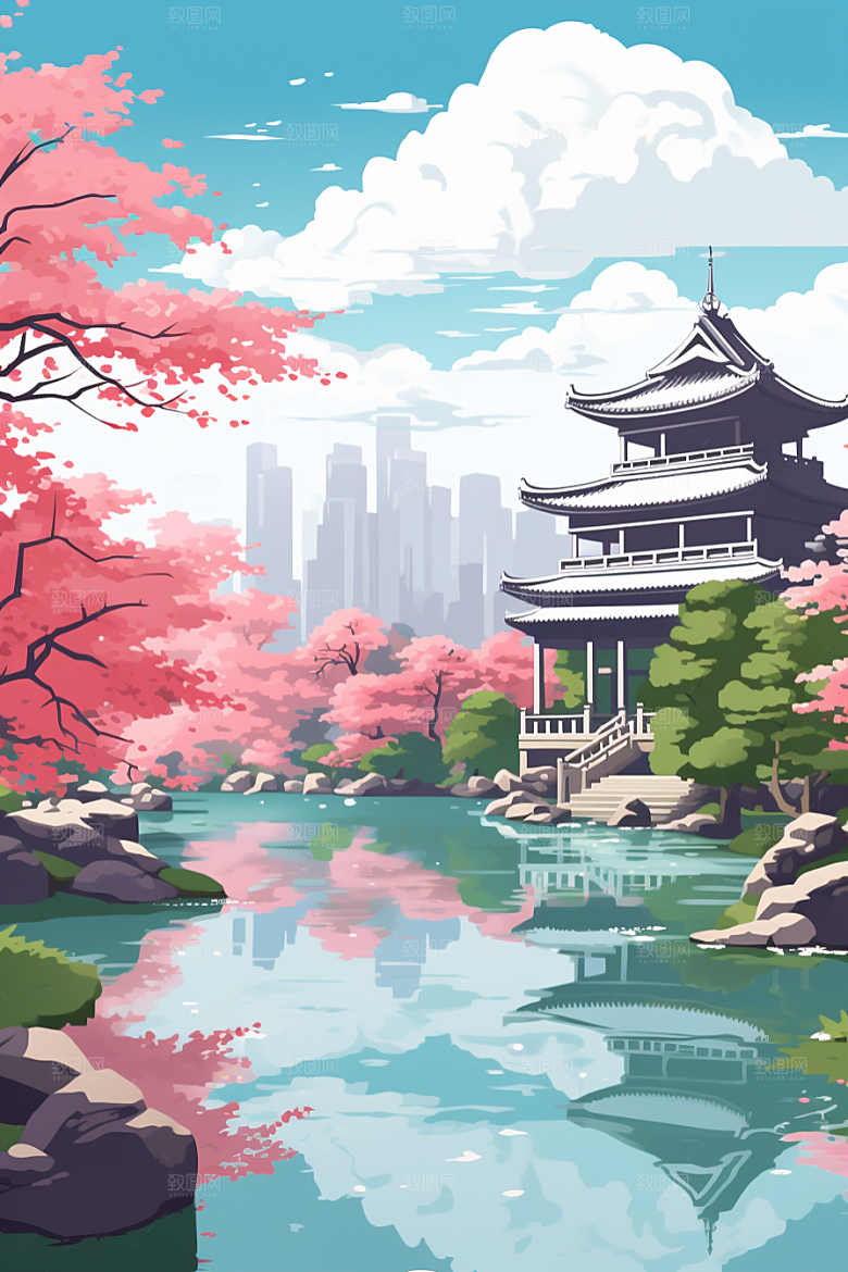 国潮苏州园林传统风格插画