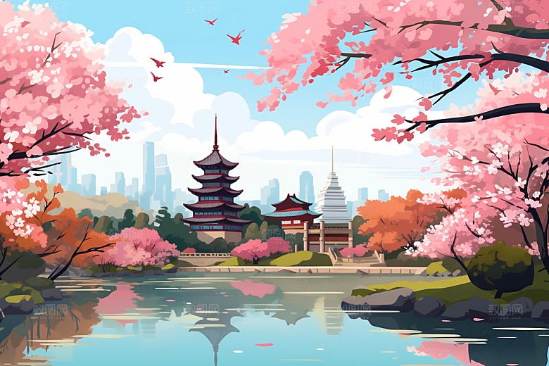 国潮苏州彩色传统风格插画