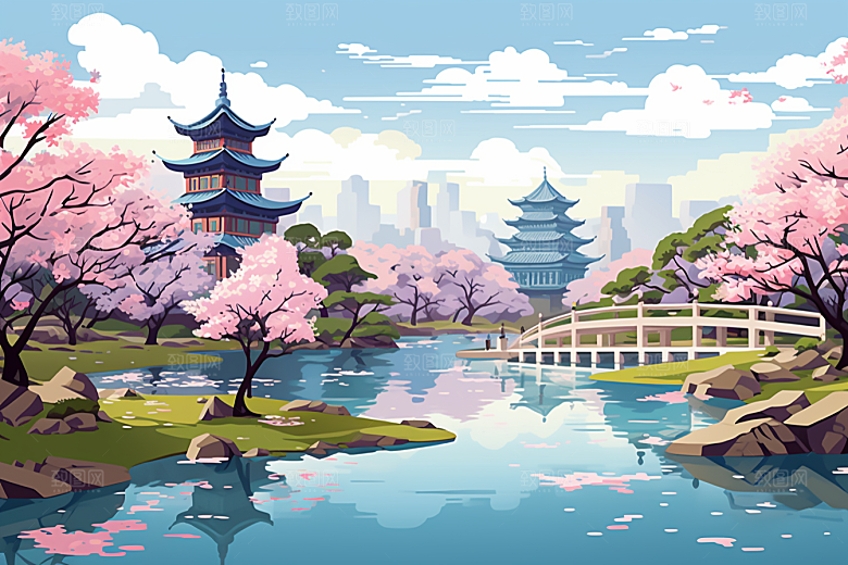 国潮苏州园林传统风格插画
