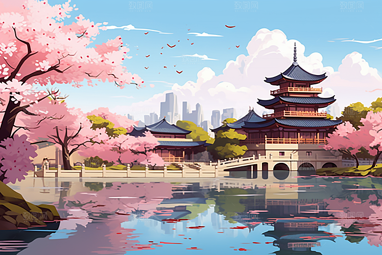 国潮苏州山水园林插画