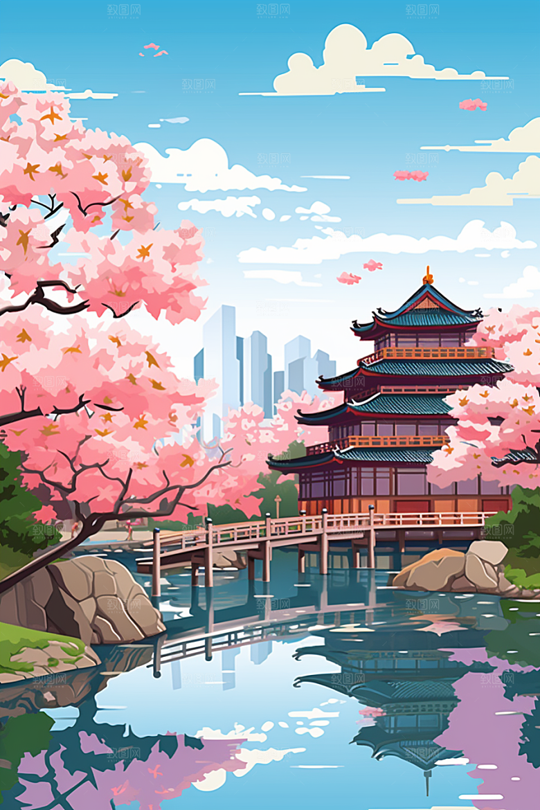 国潮苏州彩色园林插画