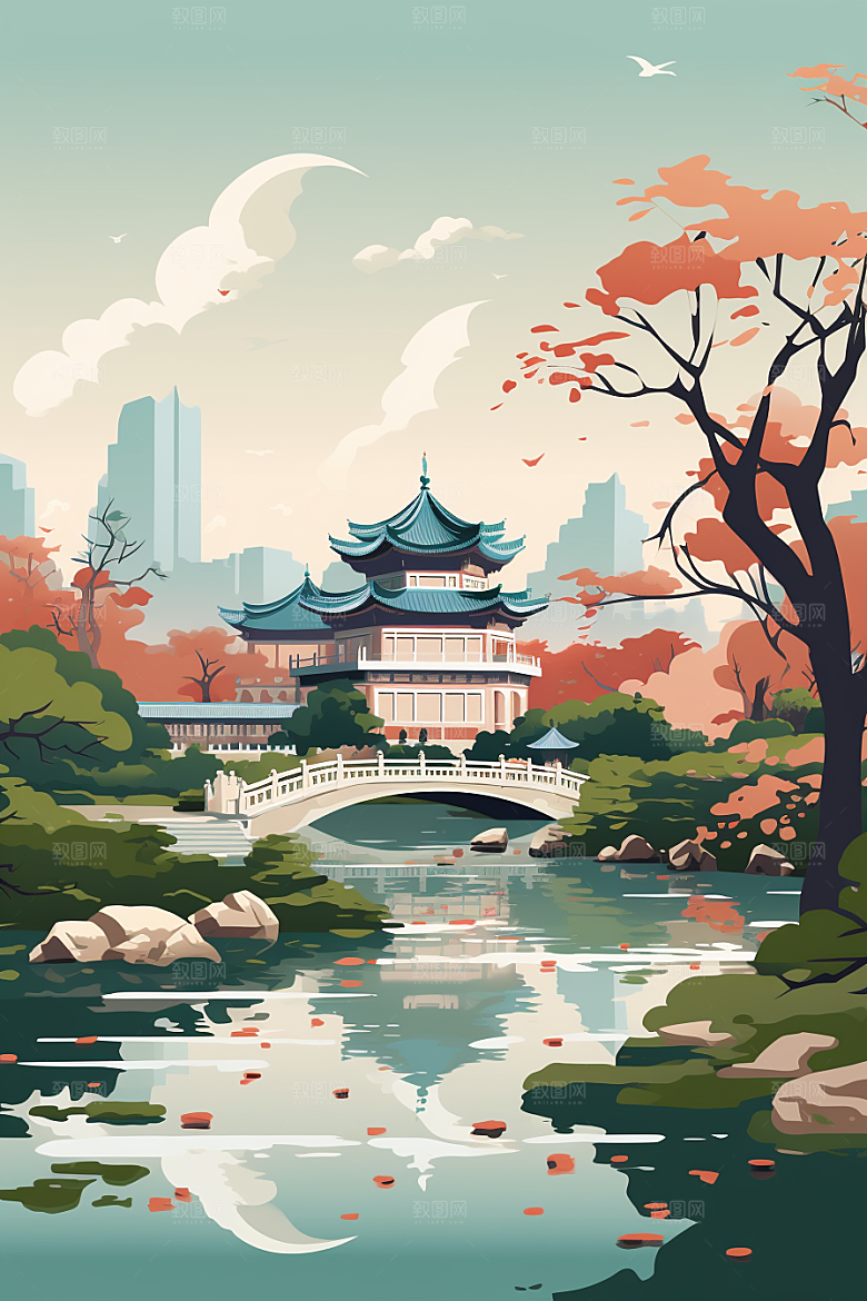 国潮苏州中国风传统风格插画