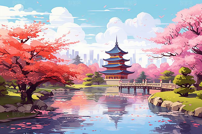 国潮苏州新中式山水插画