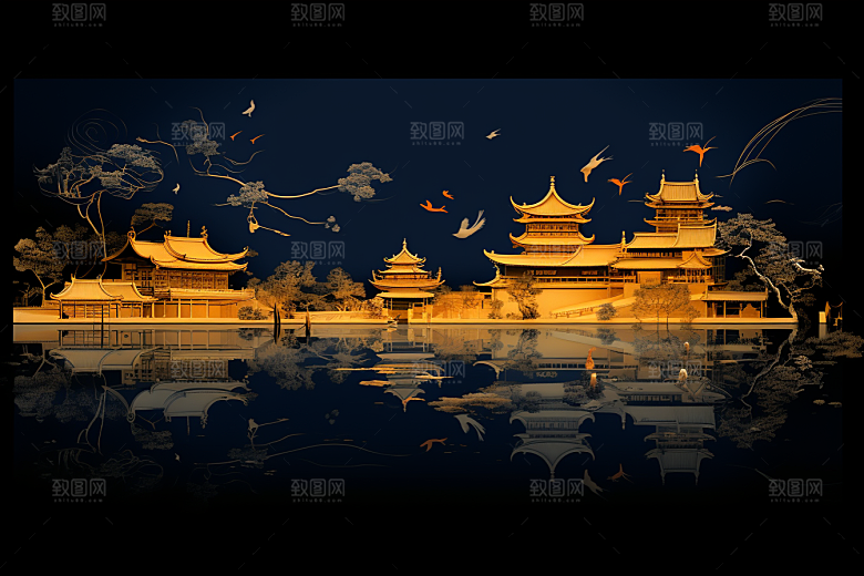 国潮苏州山水彩色插画