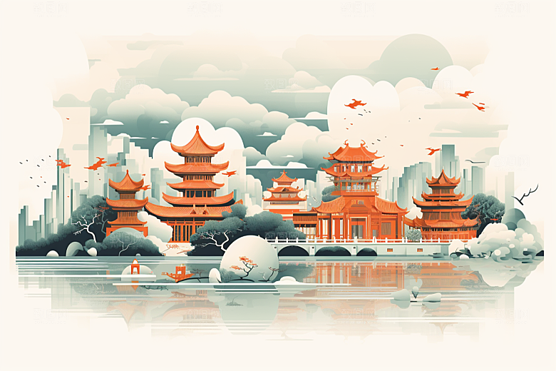 国潮苏州中国风园林插画