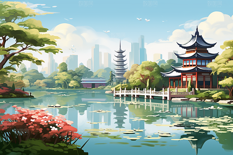 国潮苏州传统风格高清插画