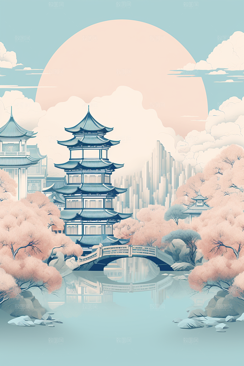 国潮苏州中式建筑新中式插画