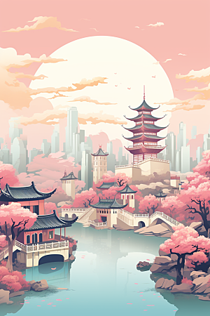 国潮苏州彩色中式建筑插画