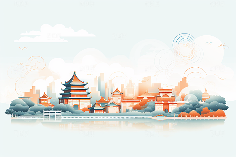 国潮苏州中式建筑彩色插画