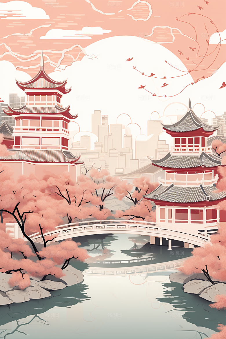 国潮苏州新中式山水插画