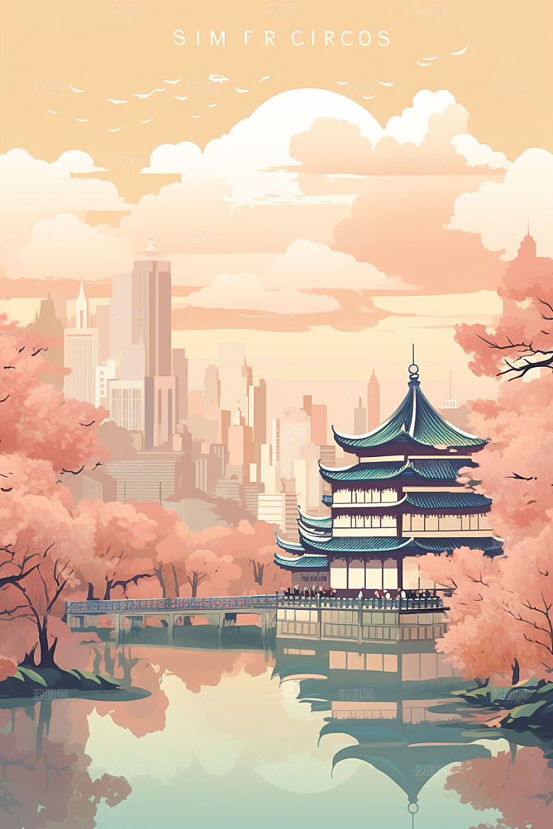 国潮苏州山水彩色插画