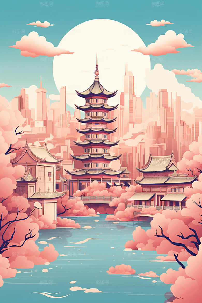 国潮苏州新中式园林插画