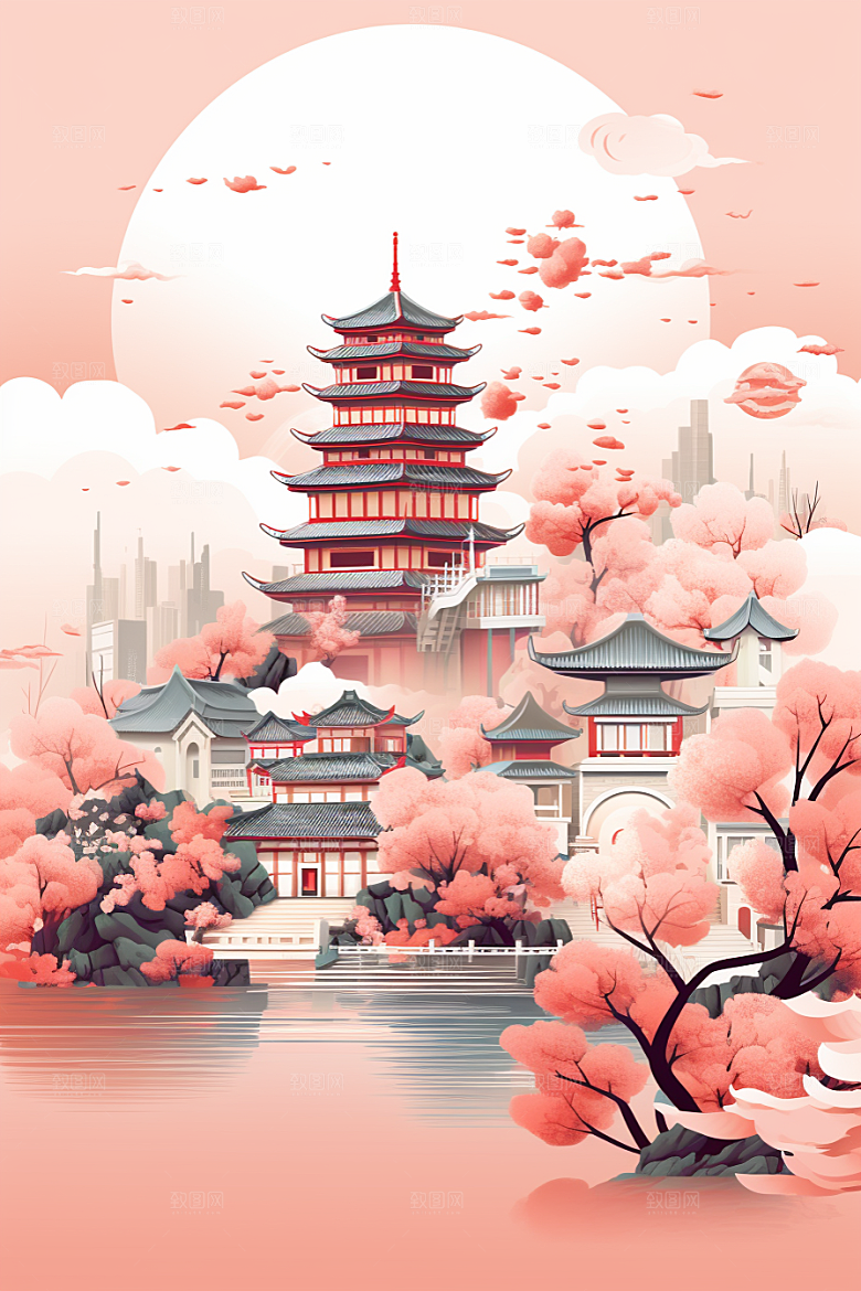 国潮苏州山水彩色插画