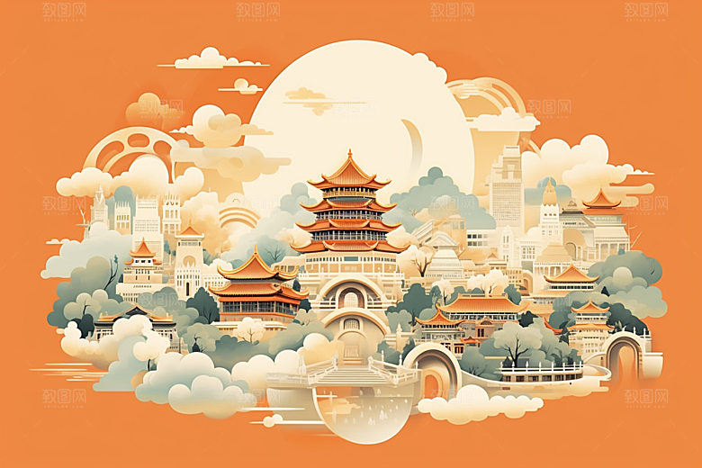 国潮苏州新中式高清插画