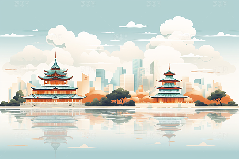 国潮苏州新中式传统风格插画