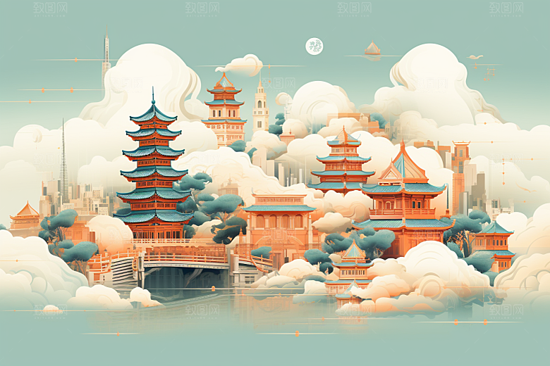 国潮苏州新中式中式建筑插画