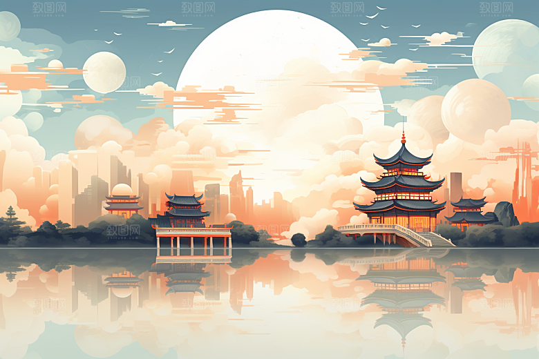 国潮苏州山水园林插画