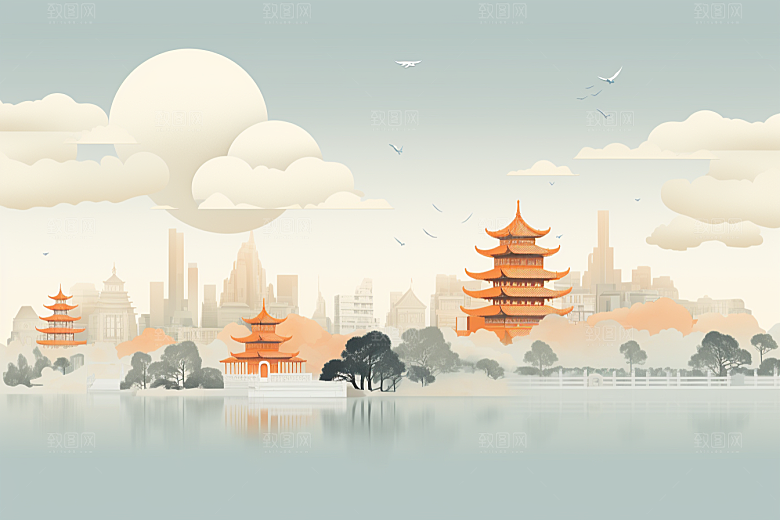 国潮苏州山水彩色插画