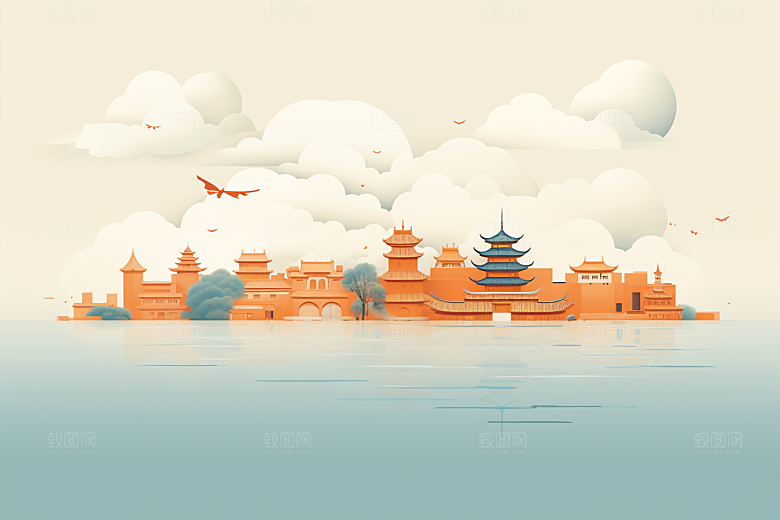 国潮苏州园林中式建筑插画