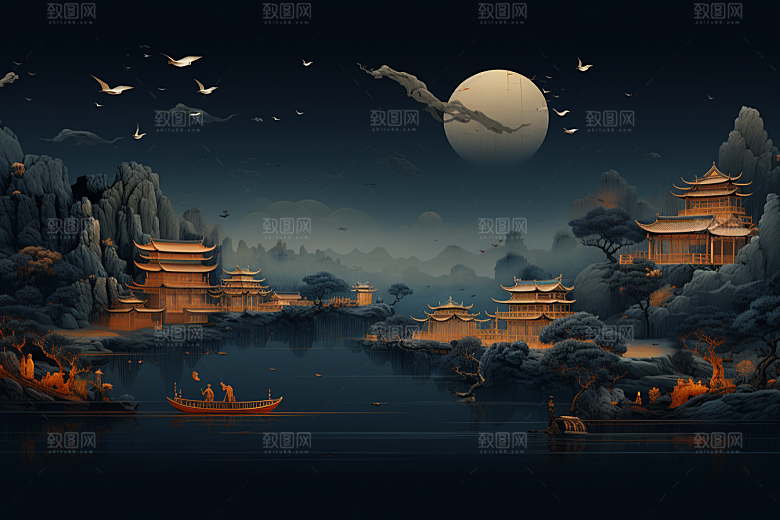 国潮苏州新中式中式建筑插画
