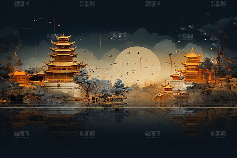 国潮苏州山水新中式插画