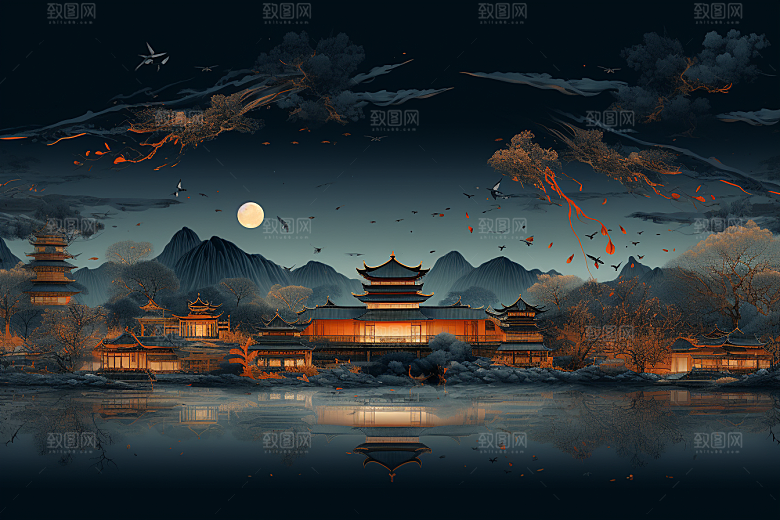 国潮苏州中国风园林插画