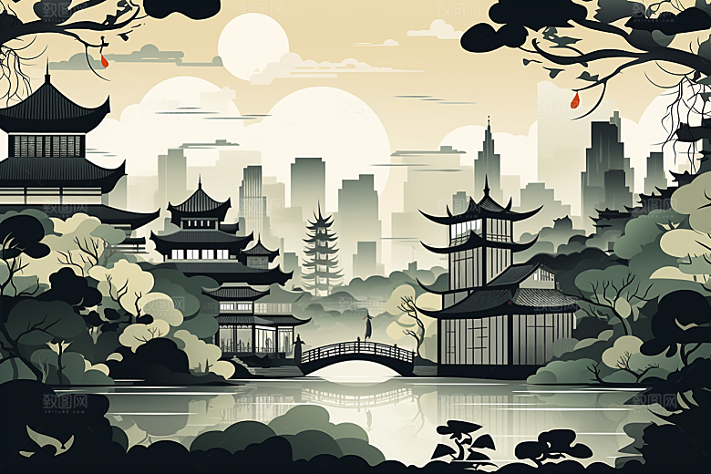 国潮苏州中式建筑园林插画