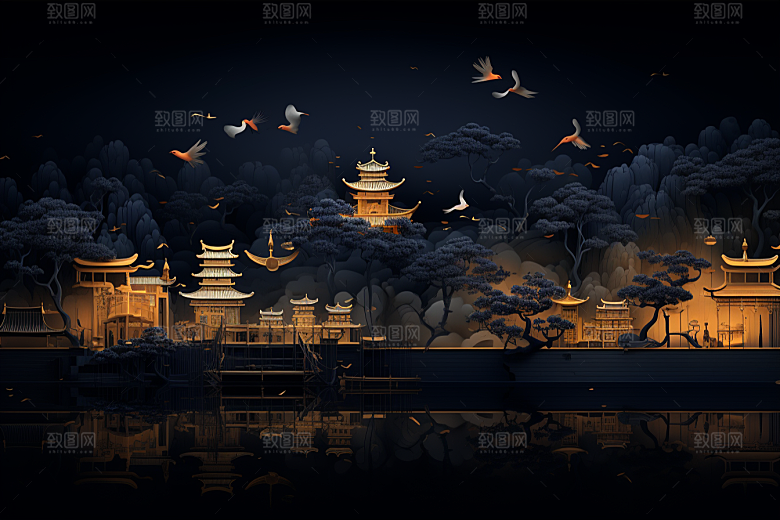 国潮苏州中国风中式建筑插画