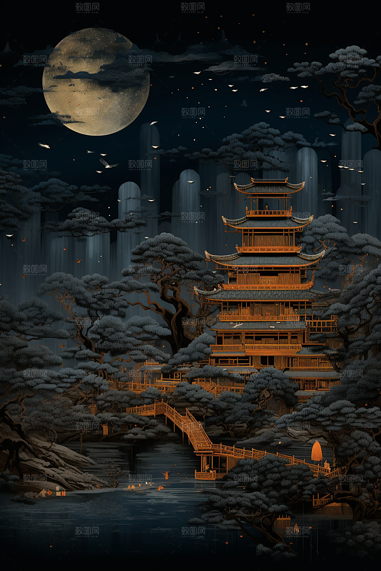 国潮苏州山水彩色插画