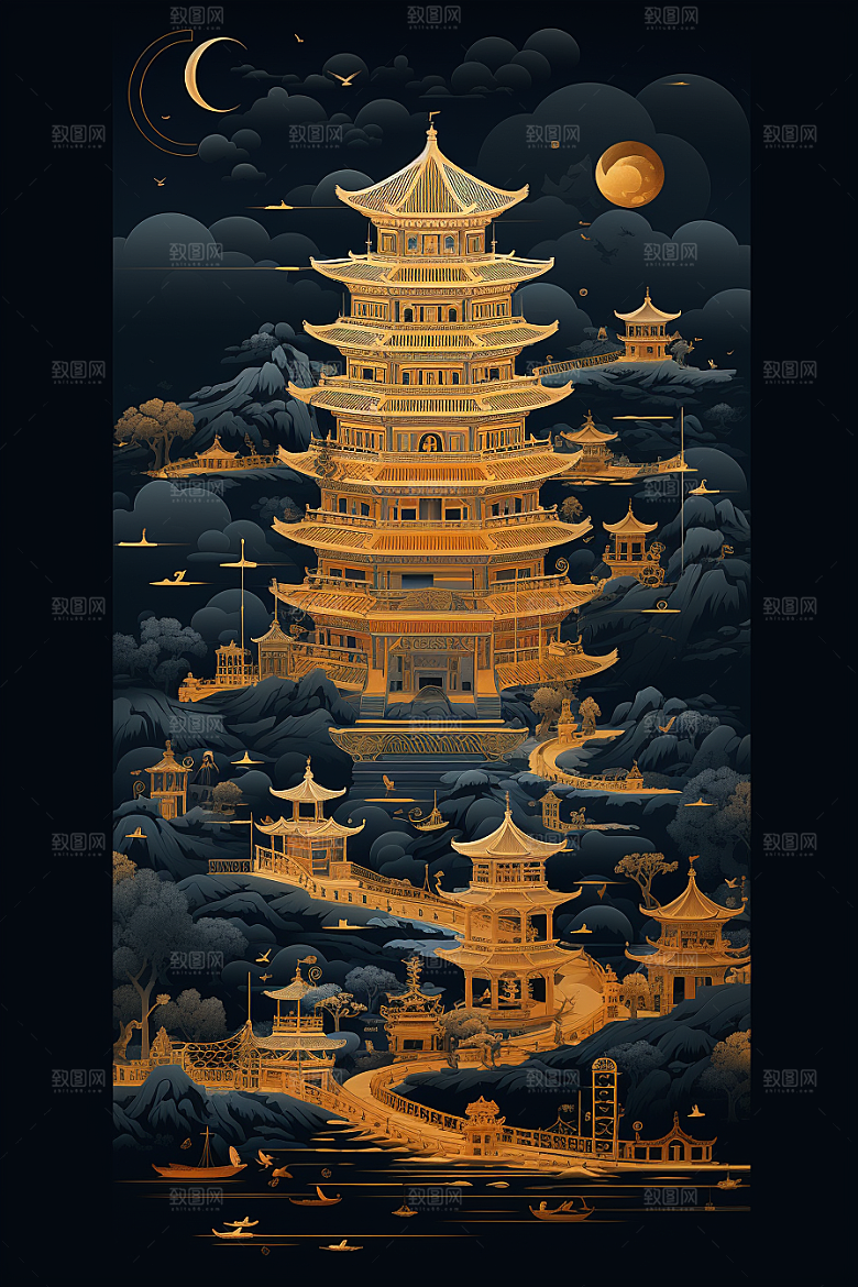 国潮苏州山水高清插画