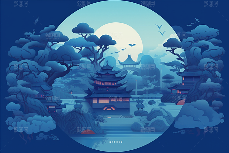 国潮苏州中国风山水插画