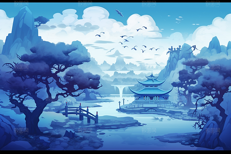 国潮苏州传统风格山水插画