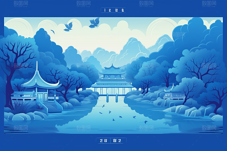 国潮苏州传统风格彩色插画