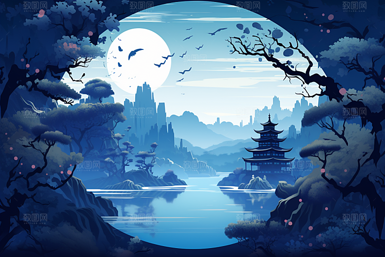 国潮苏州新中式彩色插画