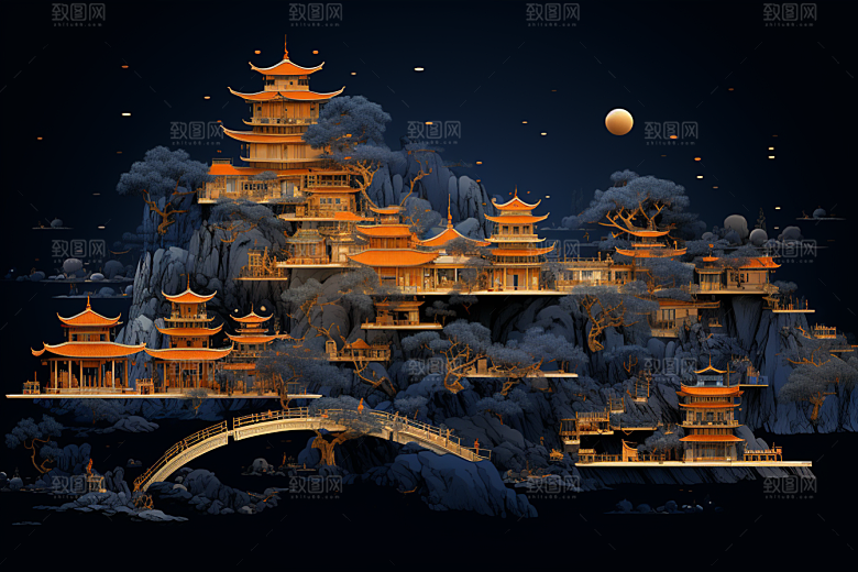 国潮苏州山水新中式插画