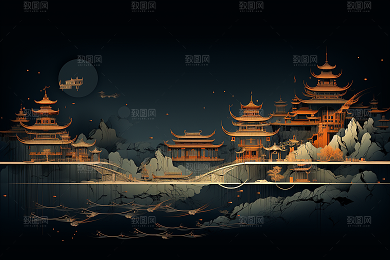国潮苏州中国风中式建筑插画