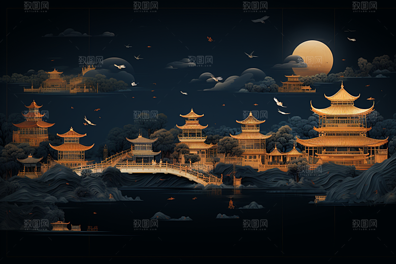 国潮苏州高清中式建筑插画