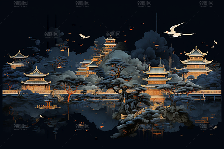 国潮苏州传统风格园林插画