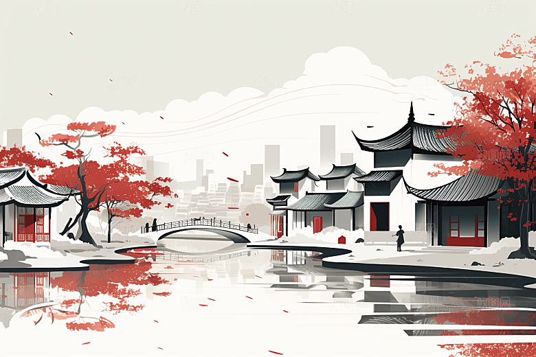 国潮苏州园林传统风格插画