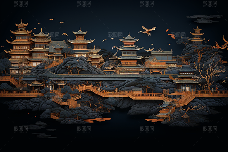 国潮苏州中式建筑高清插画