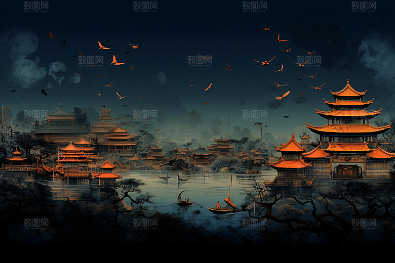 国潮苏州彩色传统风格插画