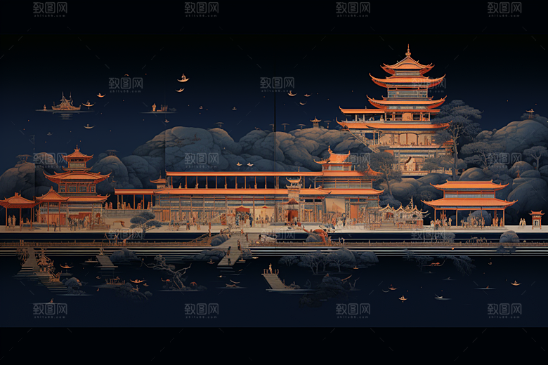 国潮苏州新中式传统风格插画