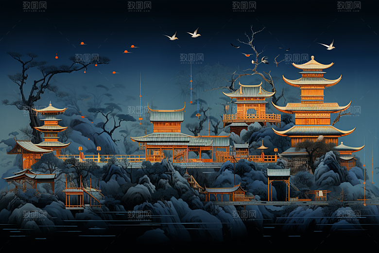 国潮苏州山水传统风格插画
