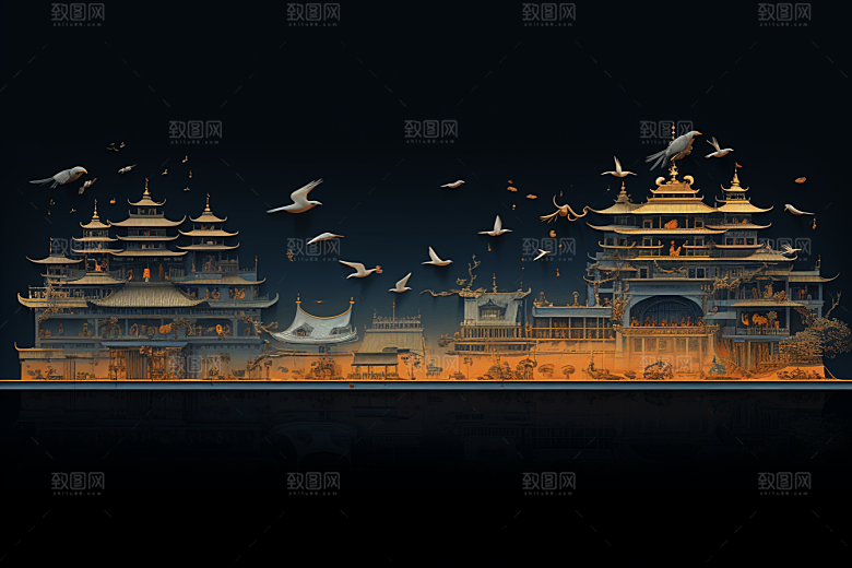 国潮苏州彩色山水插画