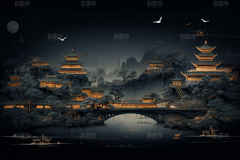 国潮苏州新中式山水插画