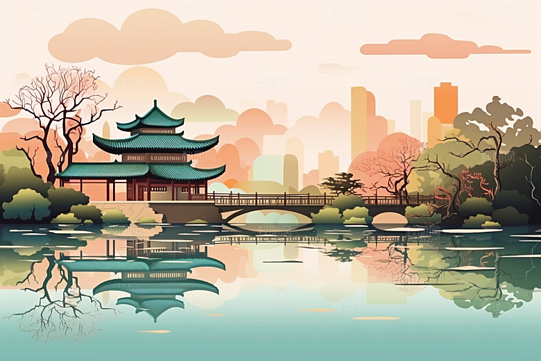 国潮苏州中国风彩色插画