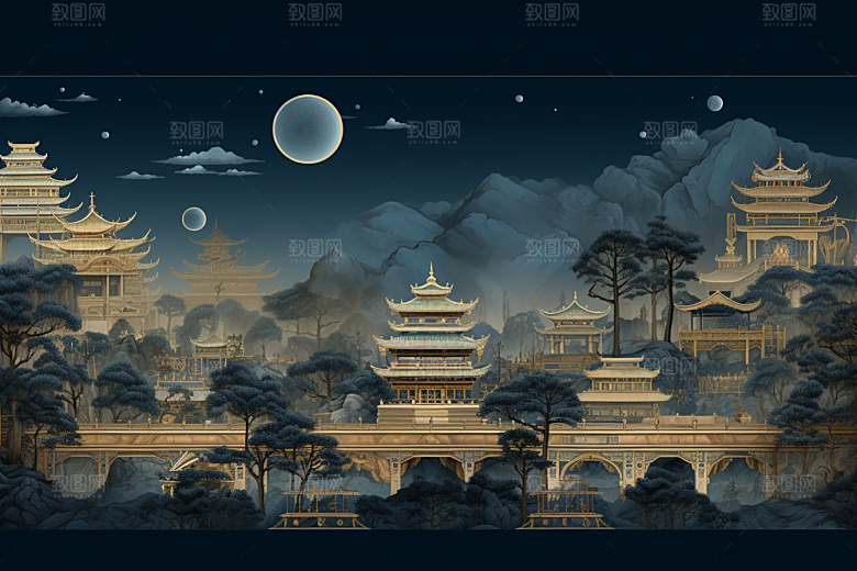 国潮苏州园林传统风格插画