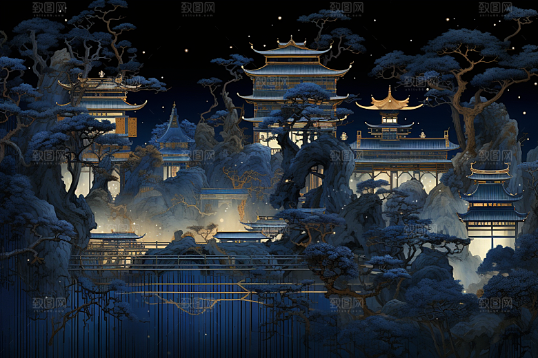 国潮苏州园林彩色插画