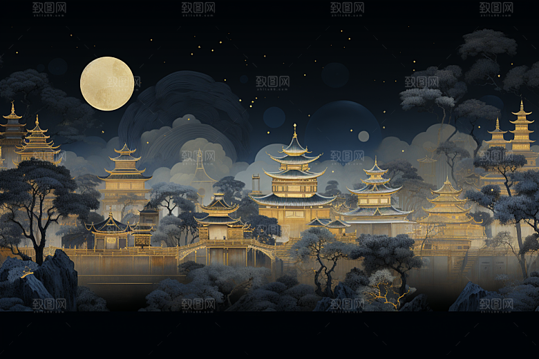 国潮苏州山水彩色插画