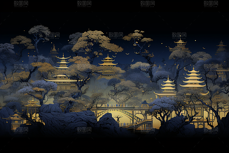 国潮苏州山水园林插画